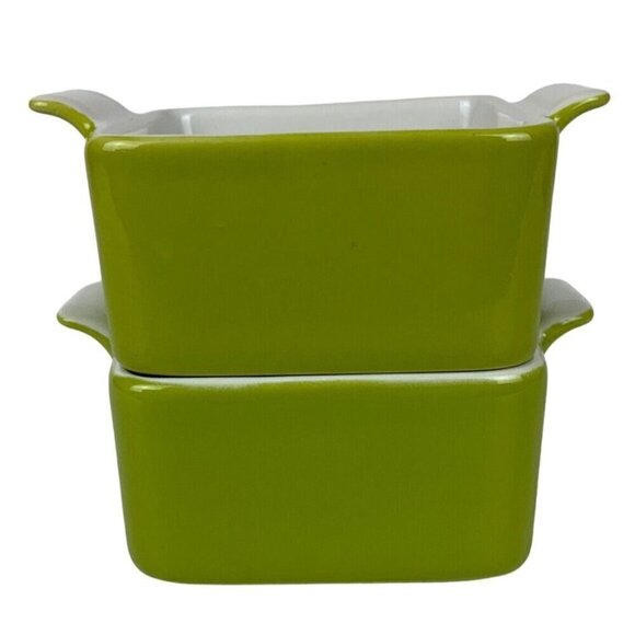 Pier 1 Imports Stoneware Ramekins Set Of 2 Green Mini Casserole Baking Dishes - Picture 2 of 3